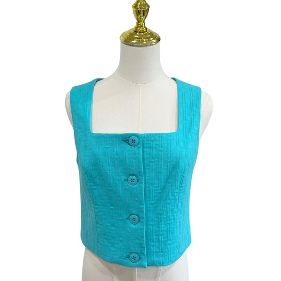 Trina Turk Refreshment 2 Top Oceano Aqua Blue Sleeveless Tile Jacquard Size 2 - Picture 2 of 15